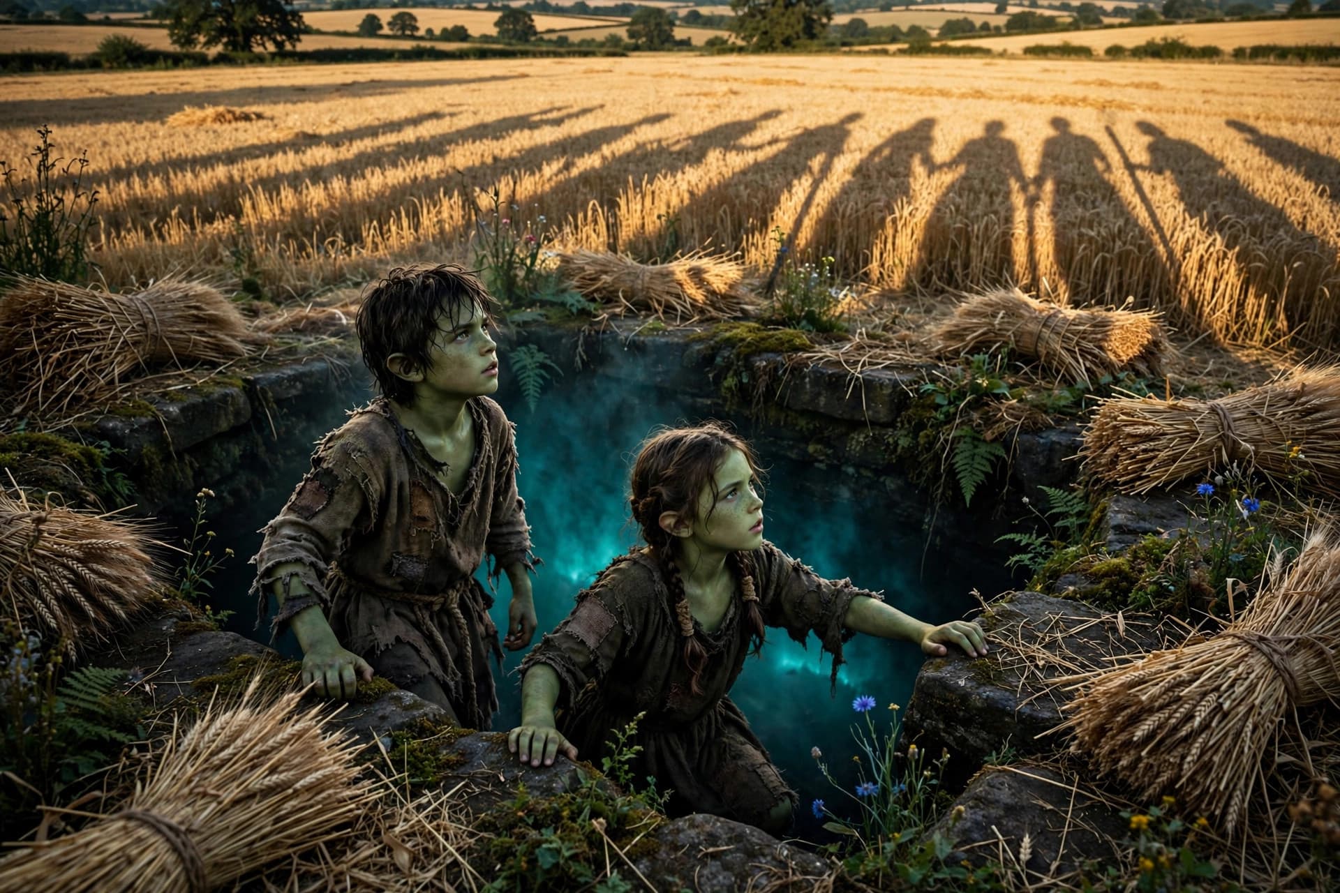 Green-skinned medieval children climbing from a pit into harvest fields