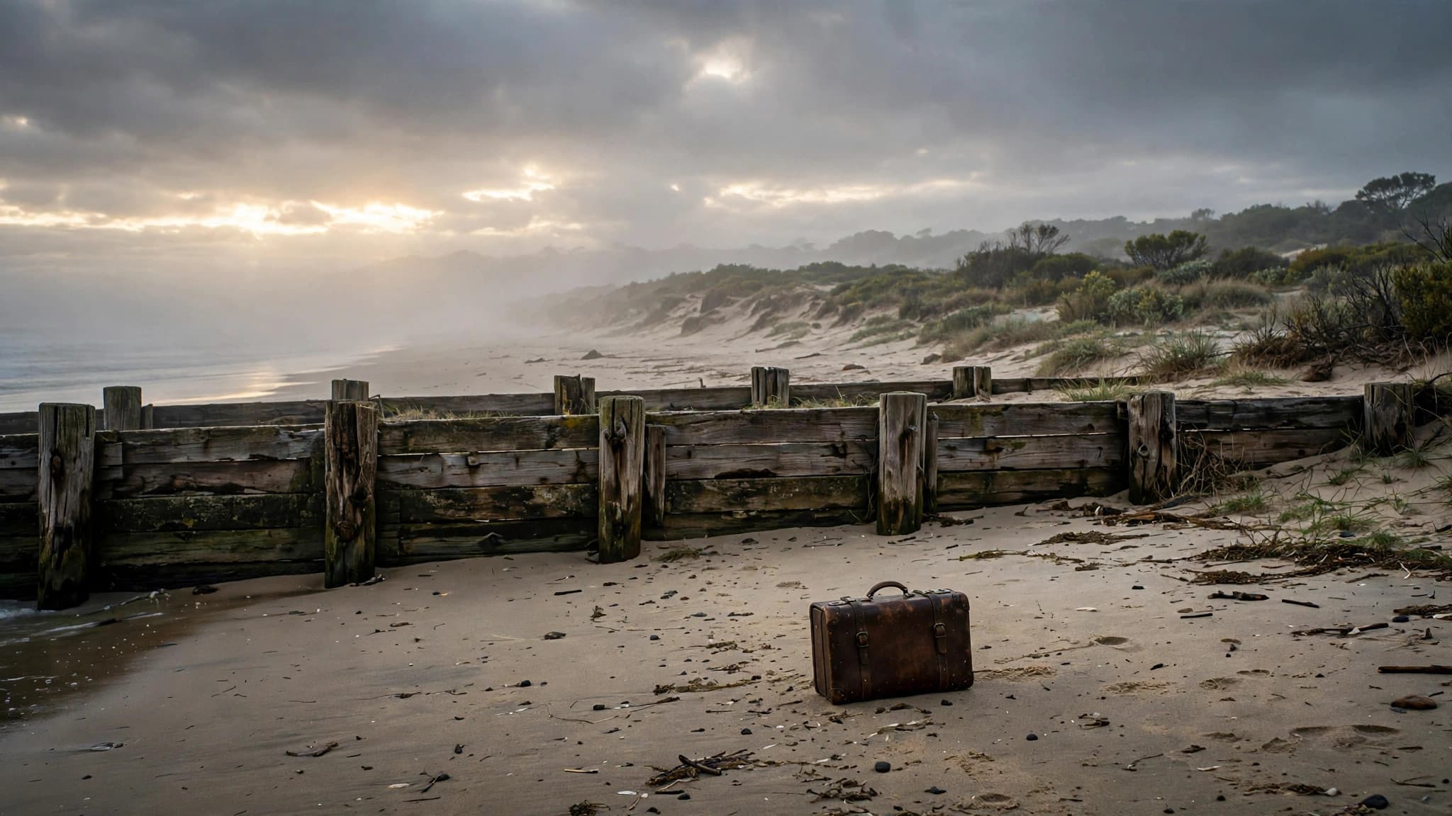 Abandoned leather suitcase on a misty beach at dawn