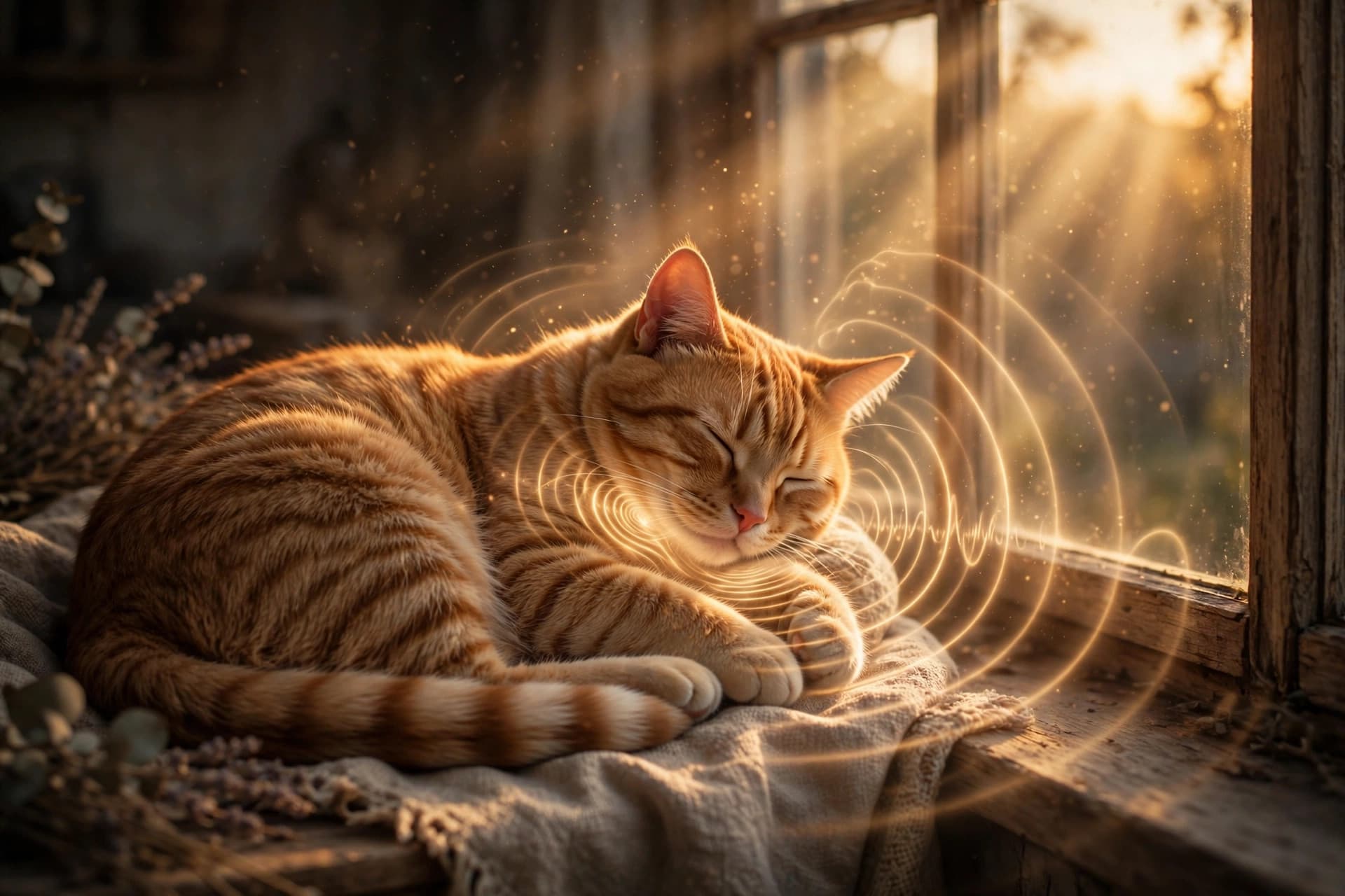 Ginger tabby cat with glowing sound waves radiating from its throat