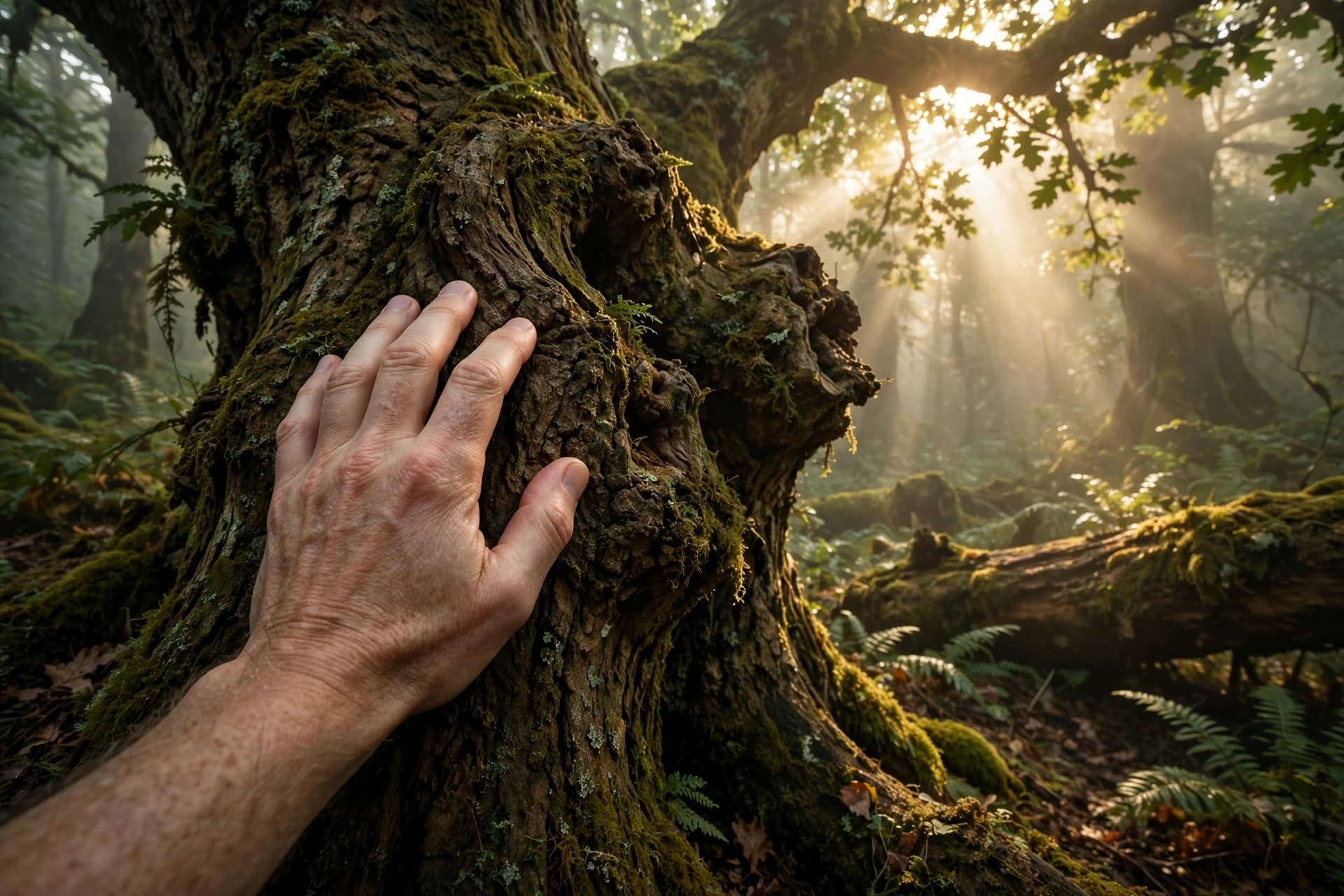 Hand touching ancient oak bark in a misty dawn forest