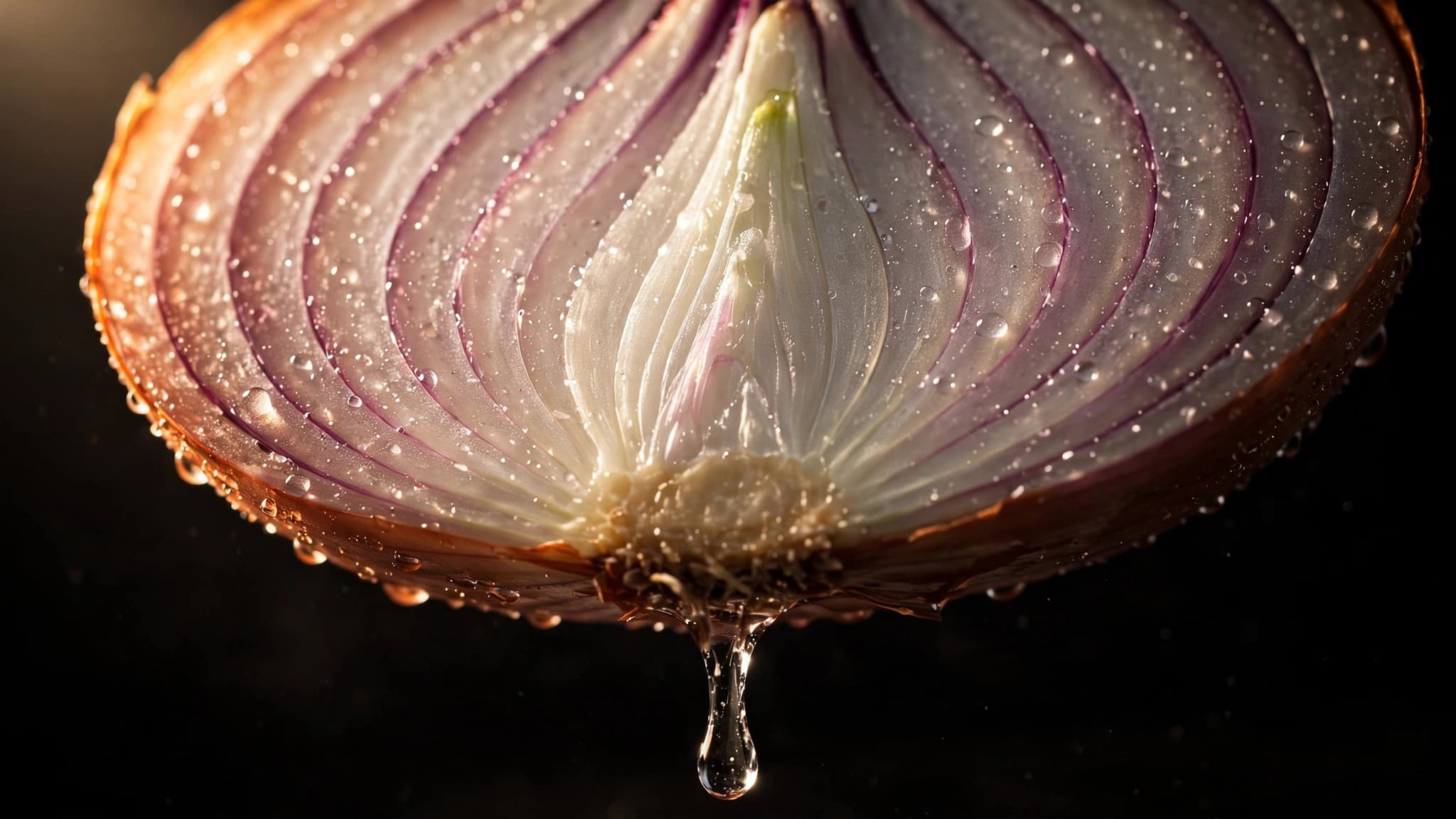 Sliced onion macro with glistening droplets and a teardrop on dark background