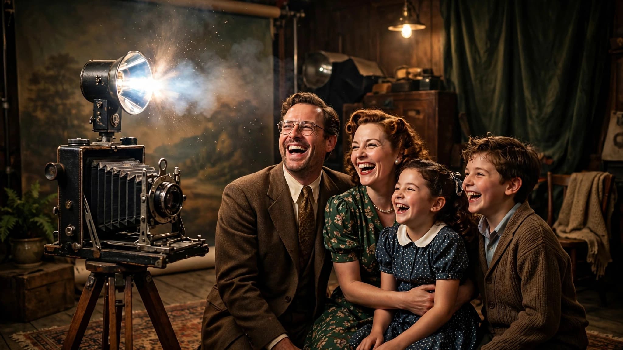 Vintage 1940s camera flashing before a laughing family in a retro studio