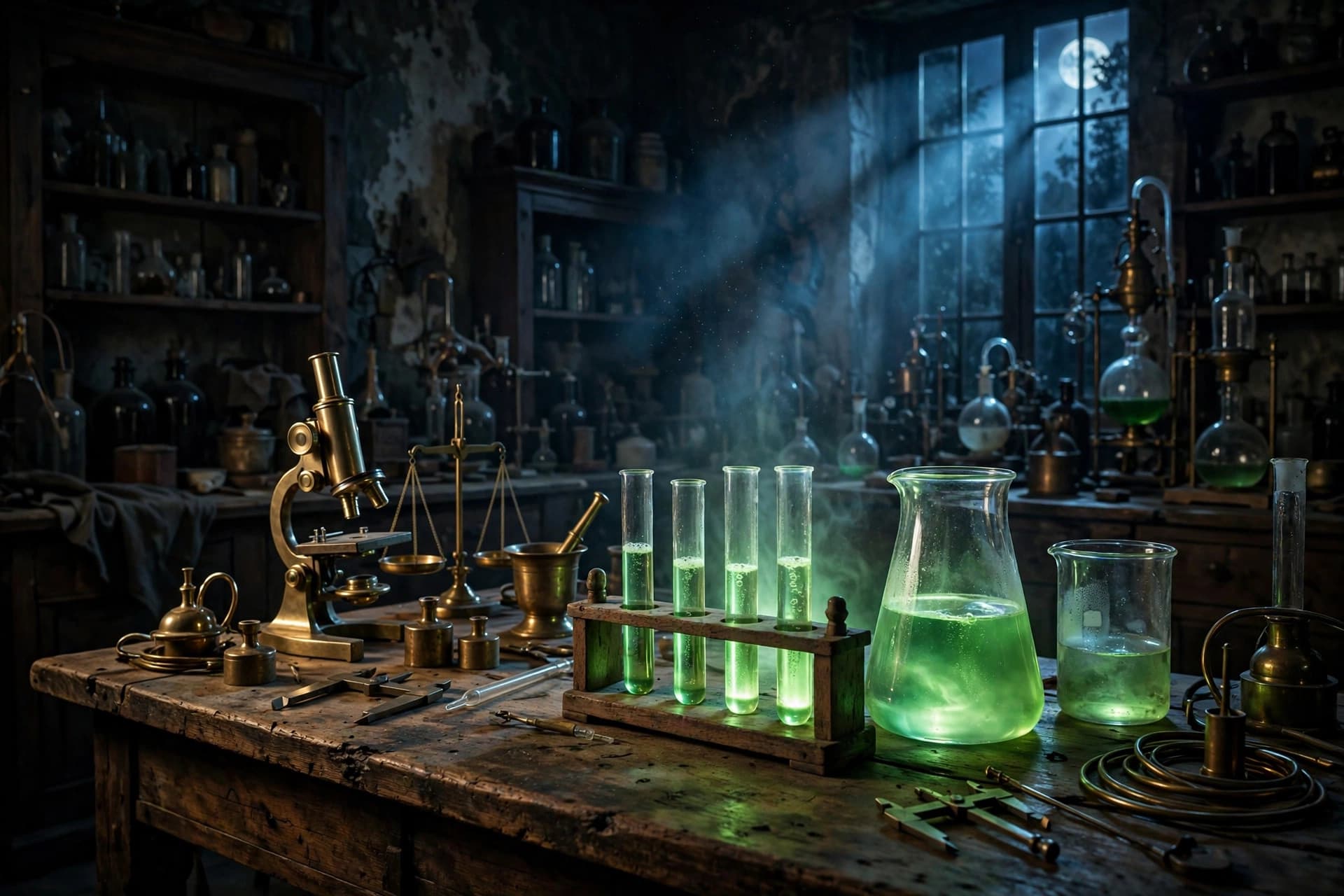 Glowing green test tubes in a dark vintage laboratory