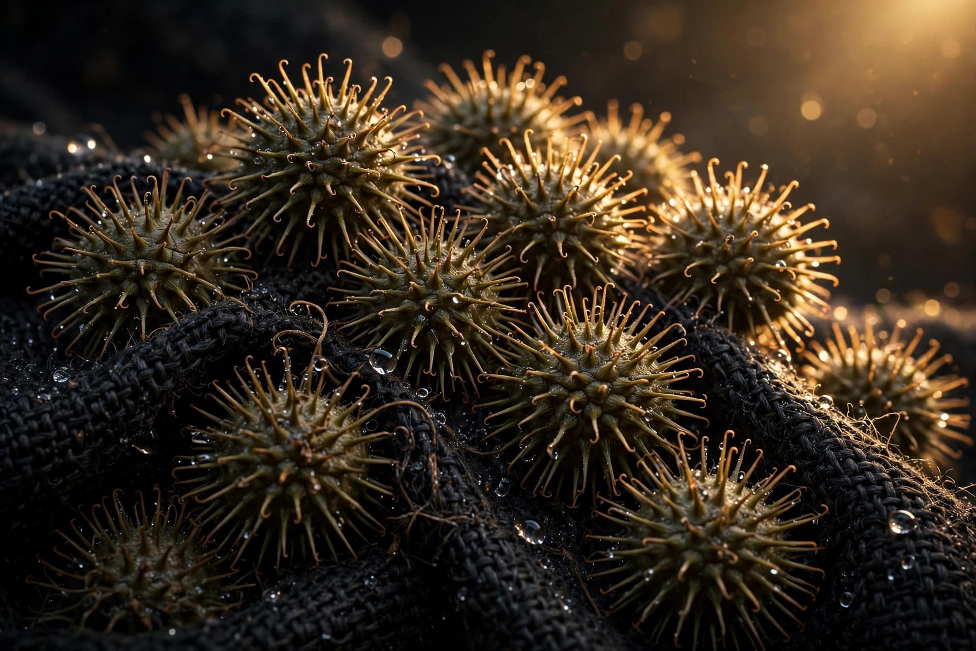 Macro close-up of hooked burrs clinging to fabric fibers