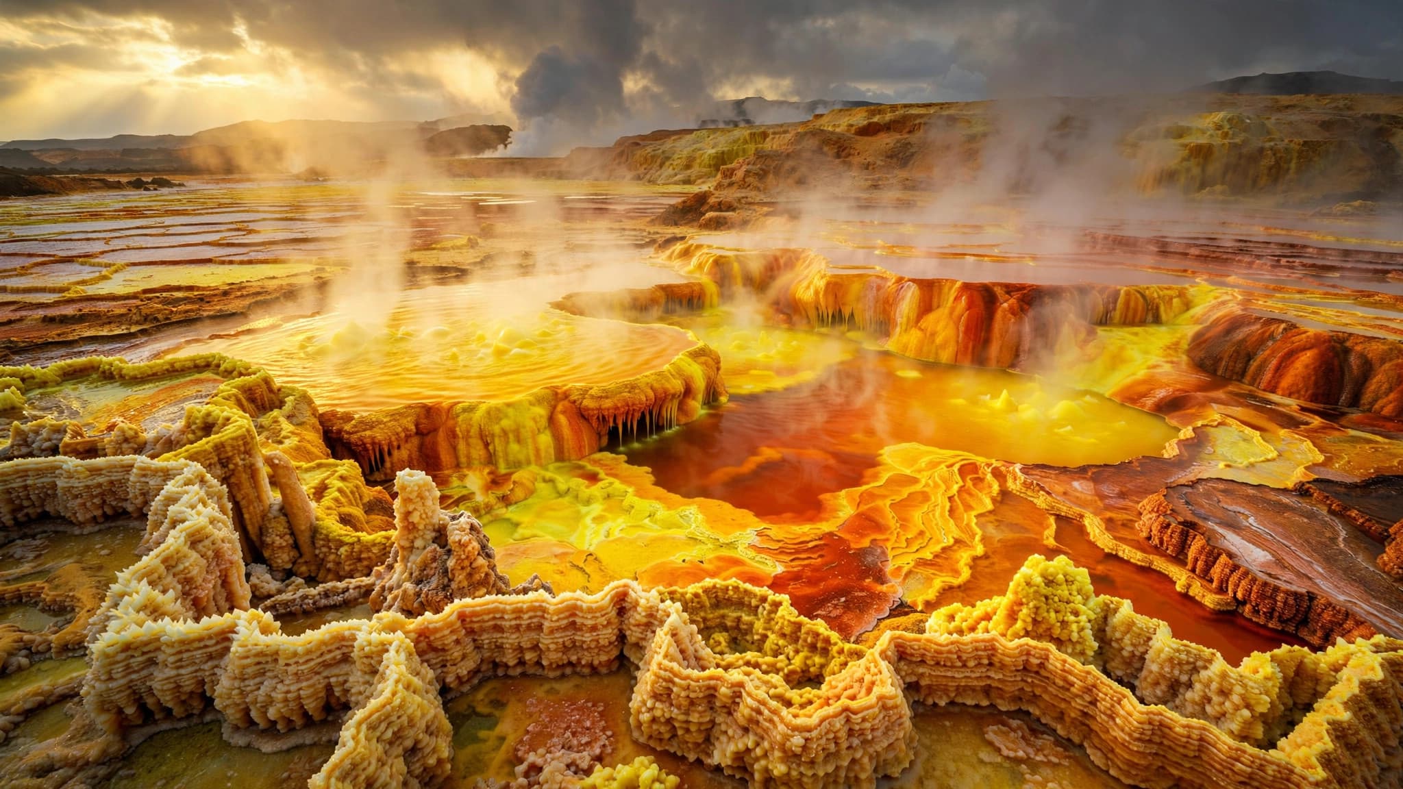 Neon yellow acidic springs and salt towers in Danakil Depression
