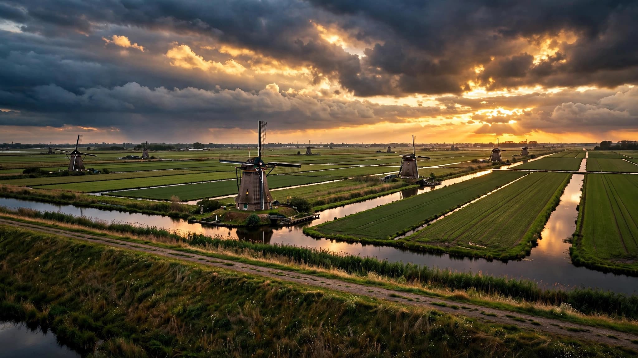 Windmills and canals across a geometric green Dutch polder landscape