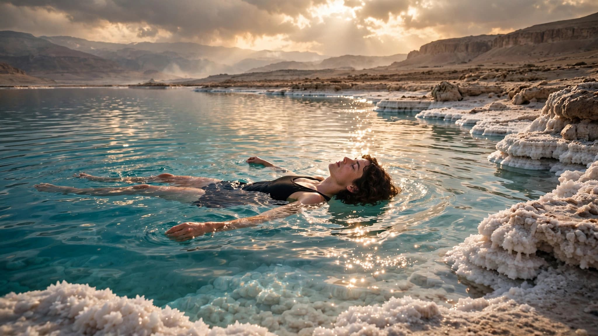Person floating effortlessly on turquoise Dead Sea water at shore