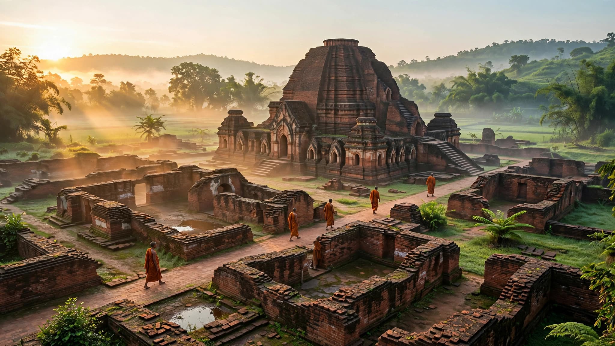 Ancient red-brick stupas of Nalanda at golden dawn