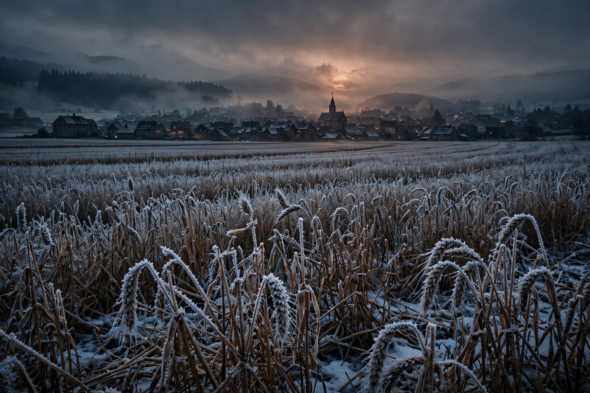 Snow-dusted wheat fields under a dim copper sun, July 1816