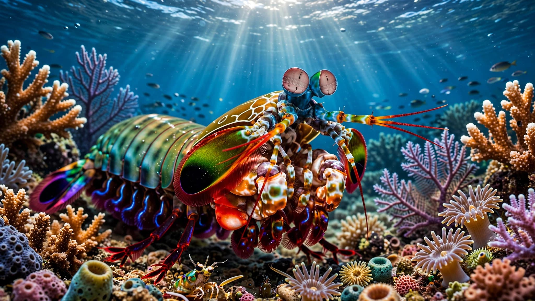 Vivid peacock mantis shrimp swimming over a glowing coral reef