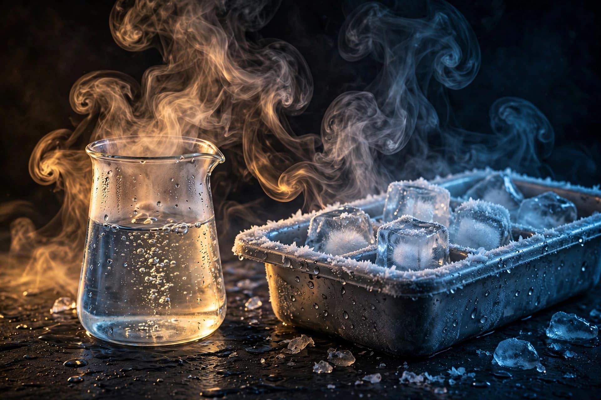 Glass of steaming hot water beside frosted ice tray
