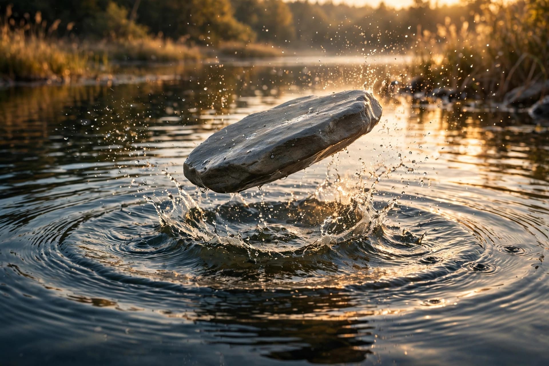 Flat stone mid-skip above rippling lake at golden hour