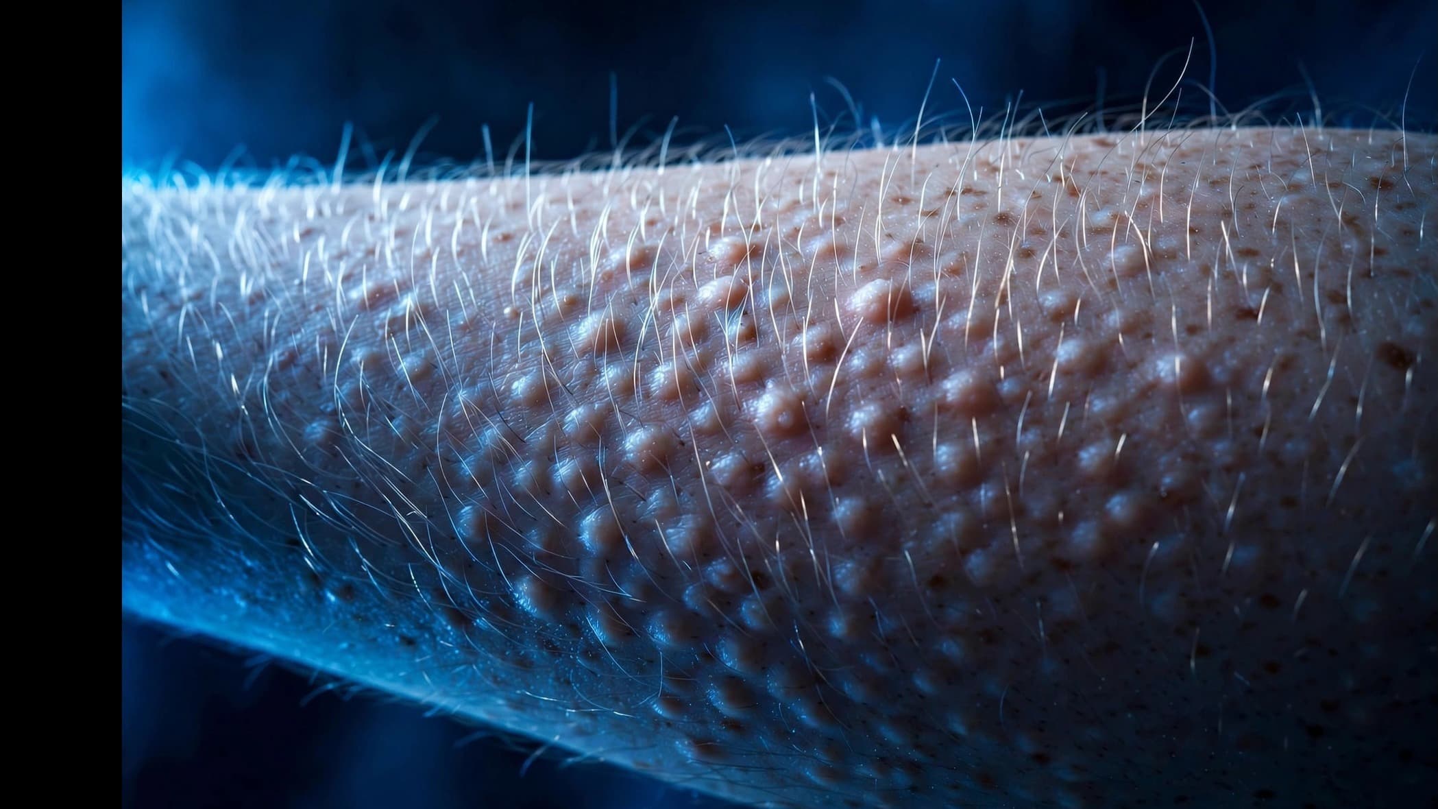 Close-up of a forearm with raised goosebumps under dramatic blue light