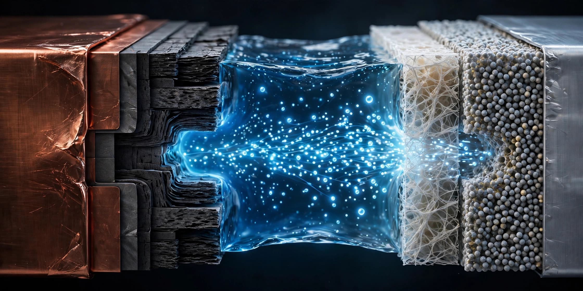 Glowing cross-section of a battery cell with ions drifting