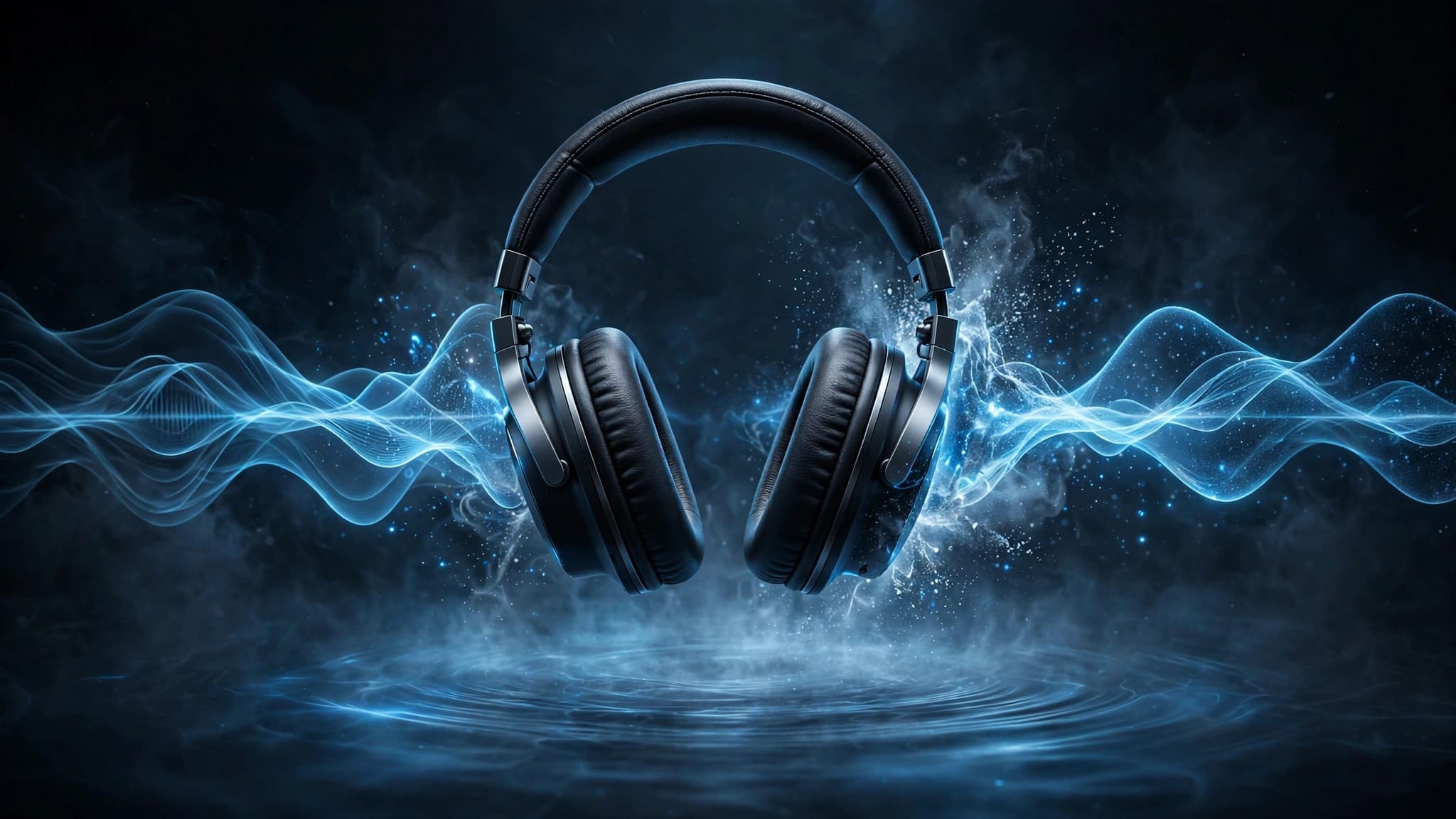 Futuristic headphones emitting glowing sound waves across a dark studio