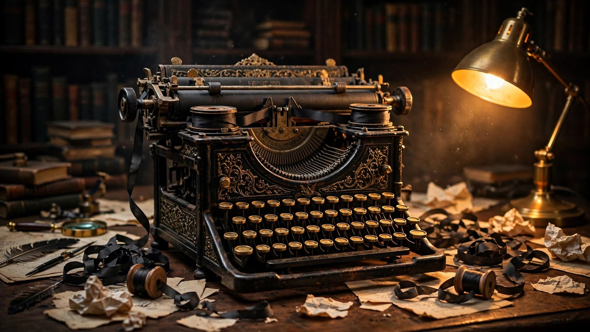 Vintage 1870s typewriter with brass keys glowing under warm lamp
