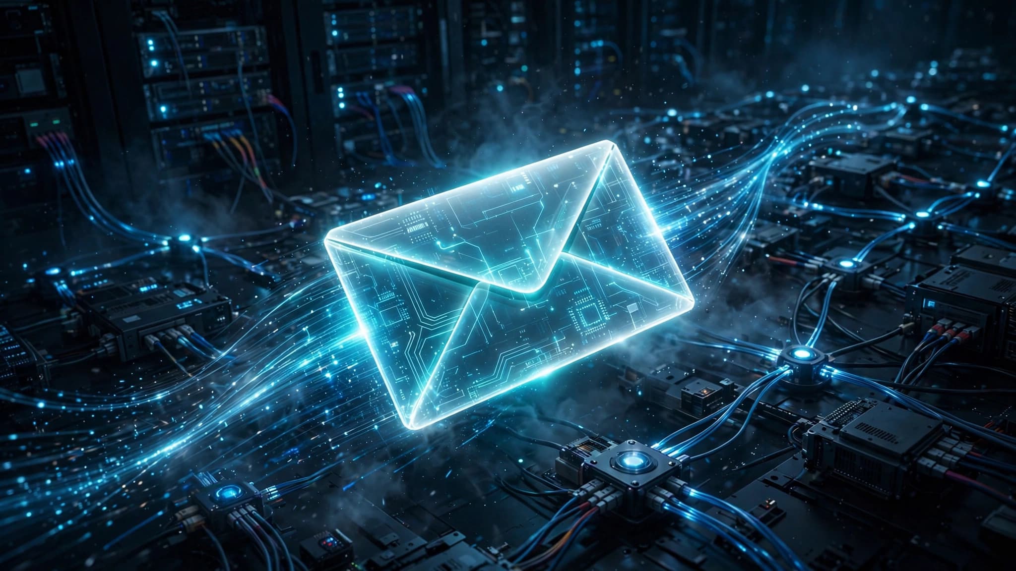 Glowing envelope soaring through a network of server nodes