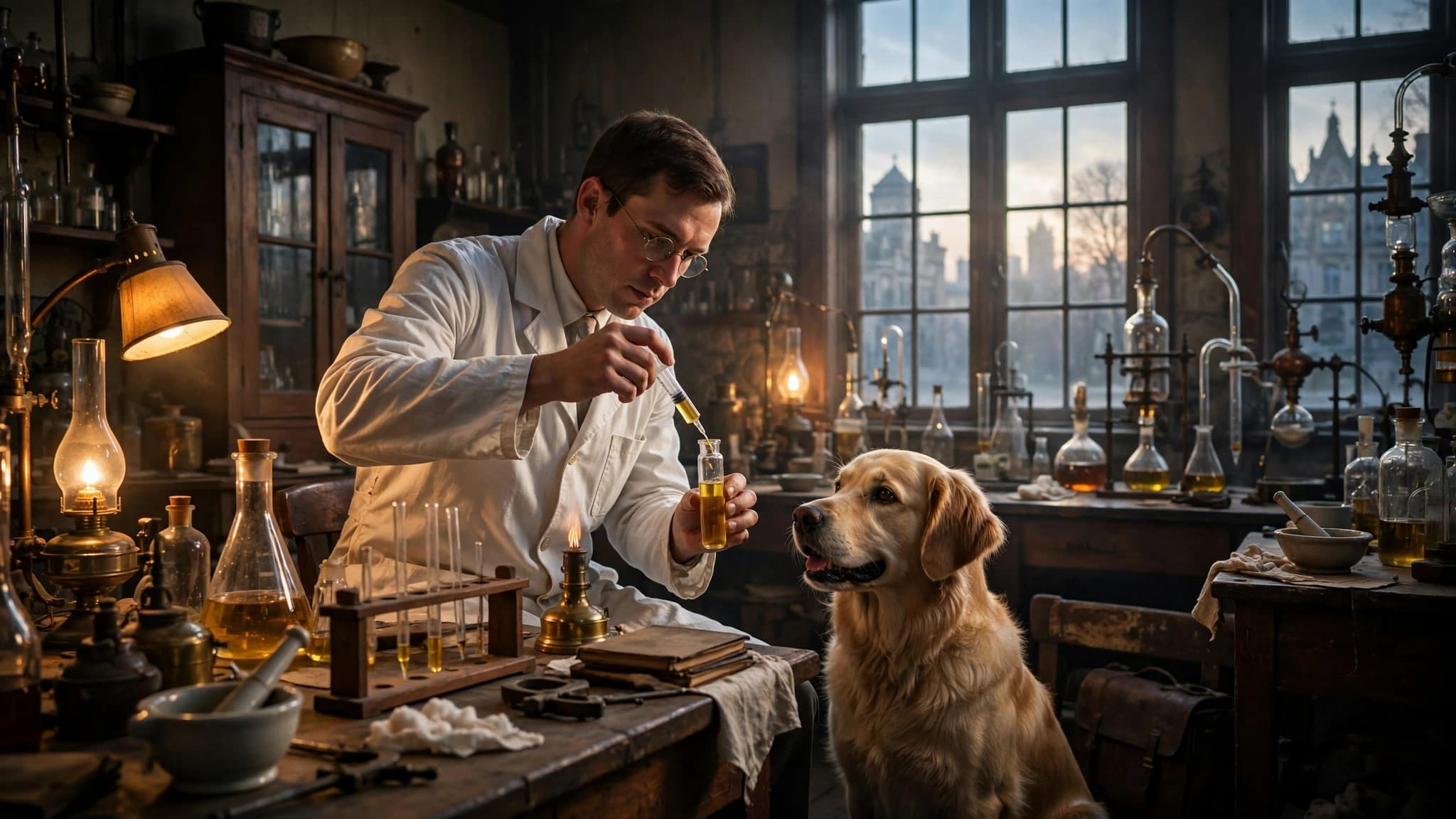 1920s Toronto laboratory scientist extracting pancreatic fluid from a dog experiment