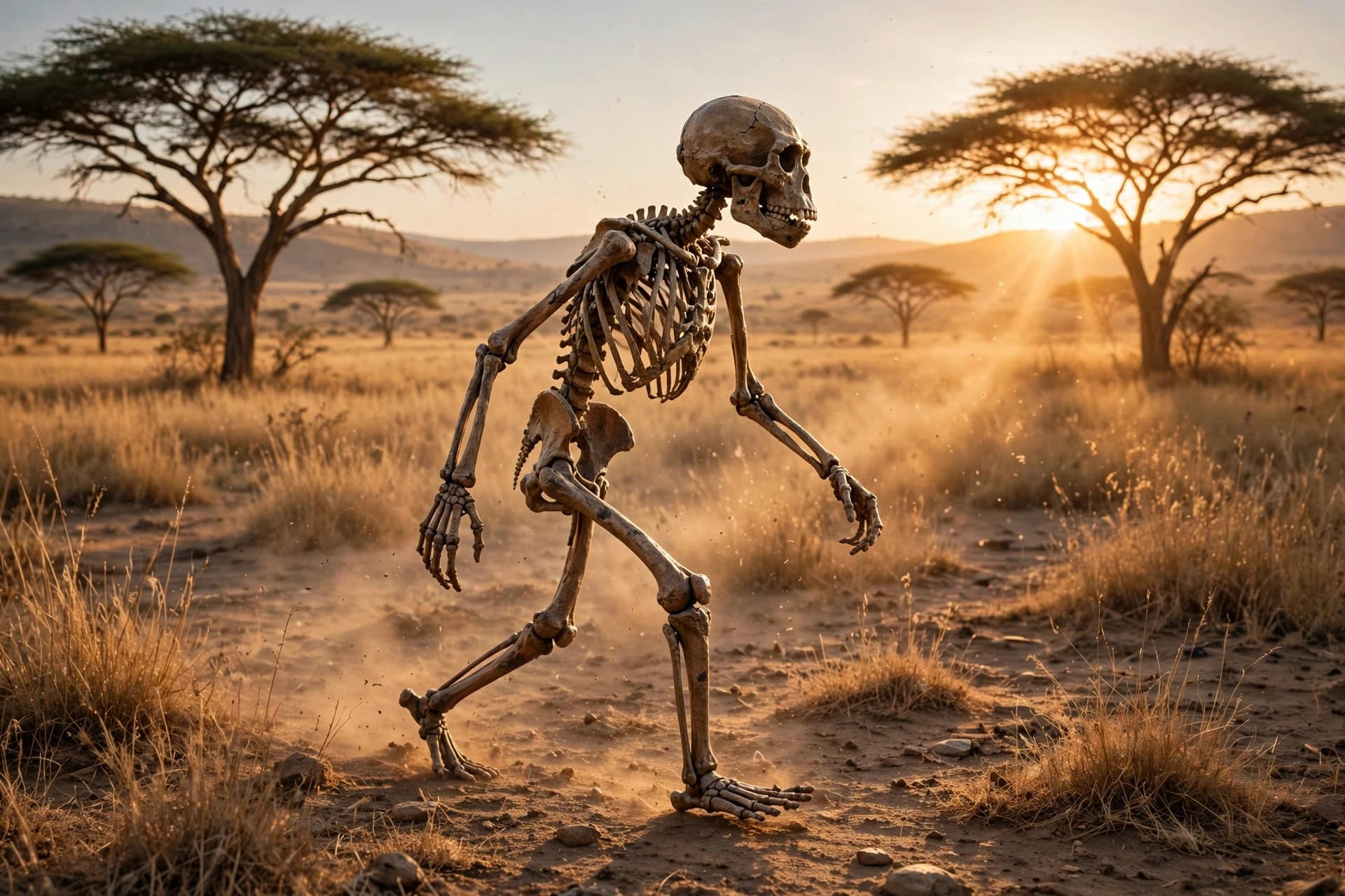 Fossil skeleton reconstruction striding across golden African savanna at sunset