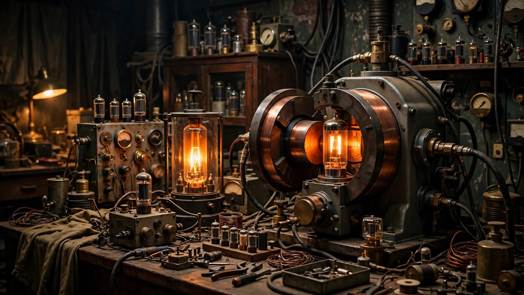Glowing vintage magnetron tube amid 1940s radar laboratory instruments