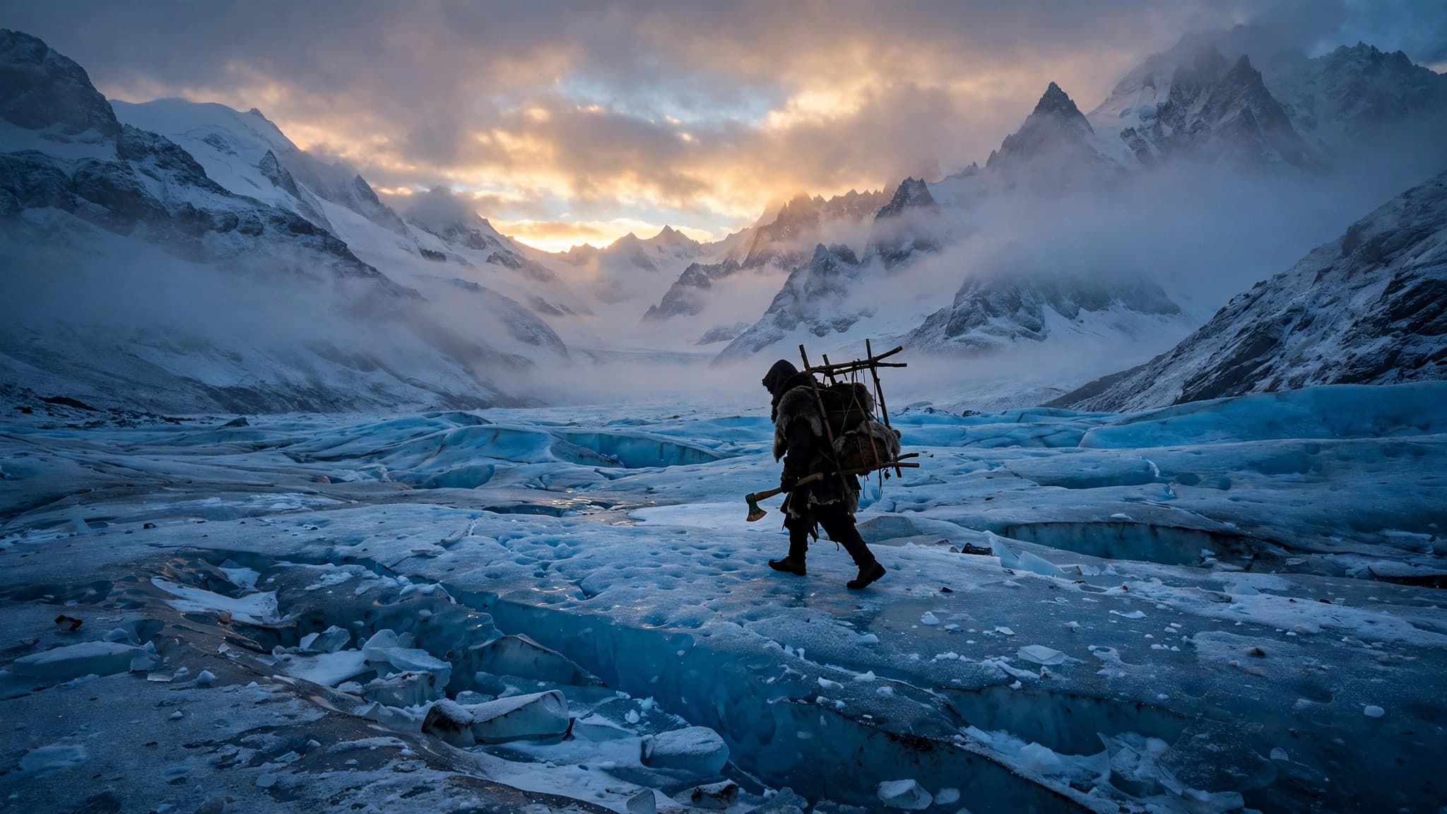 Frozen Alpine glacier scene with ancient Copper Age traveler silhouetted on ice