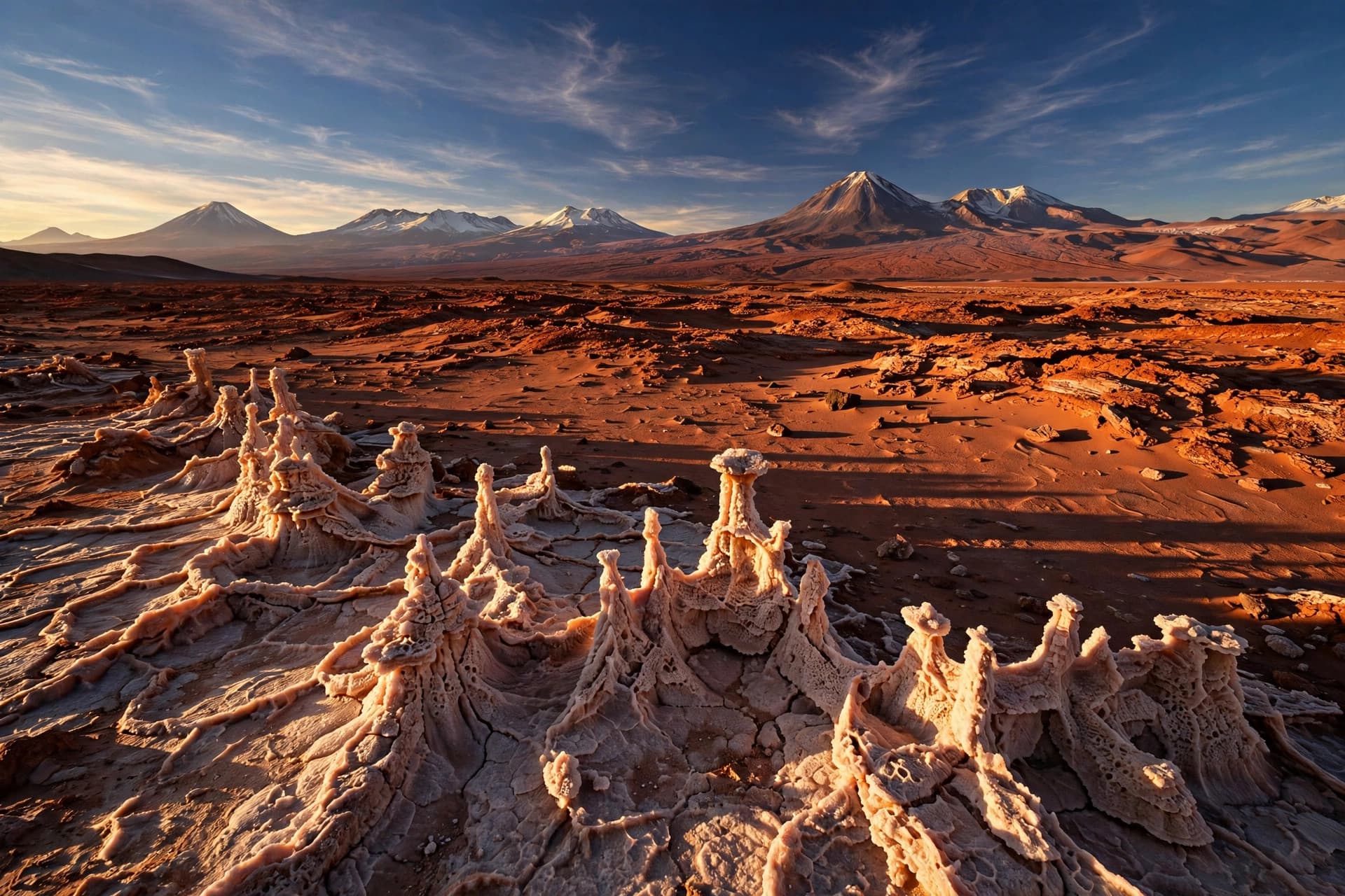 Salt formations glowing on Atacama's rust-red plain before snow-capped Andes volcanoes