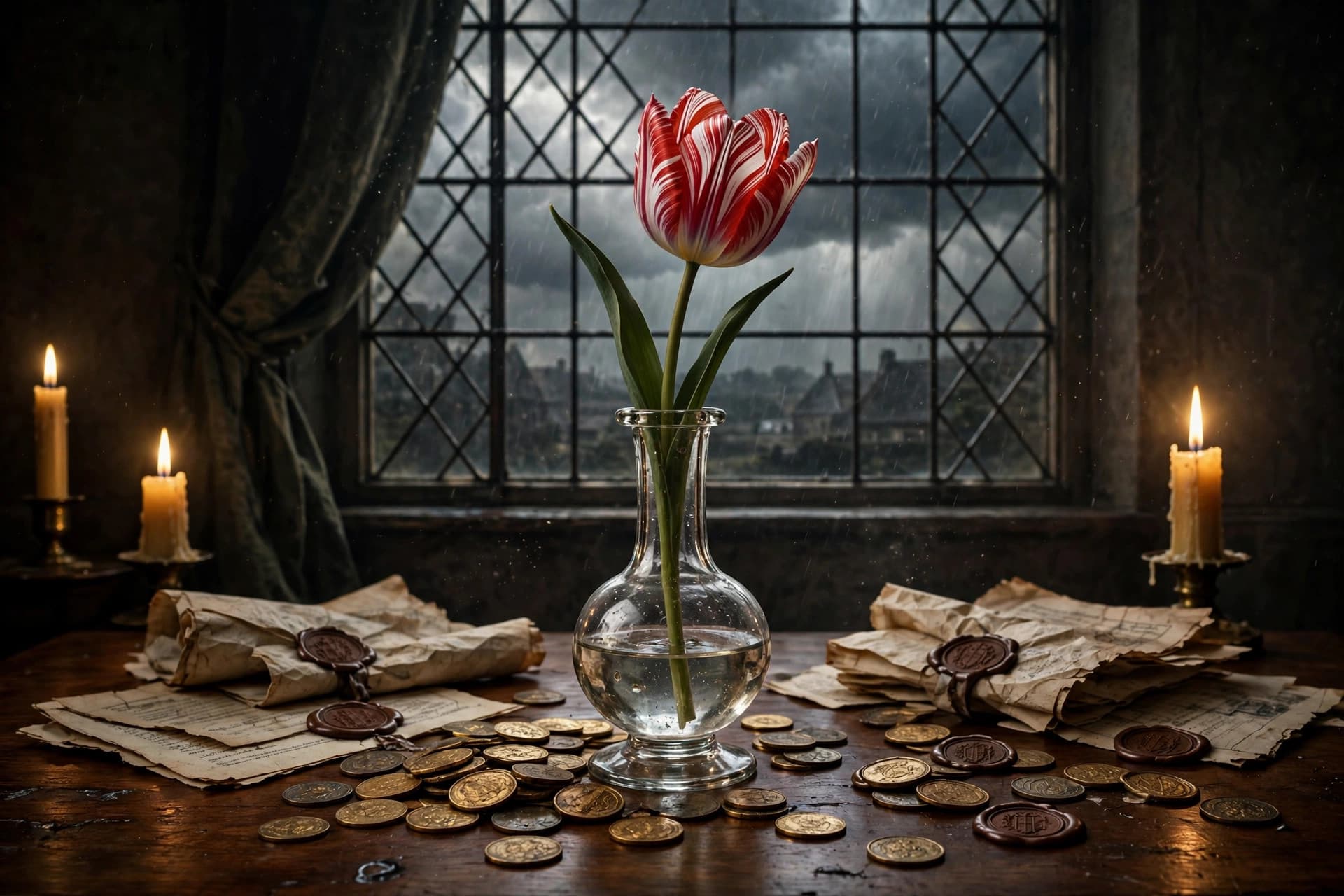 Striped red-white tulip in a vase beside gold coins and contracts