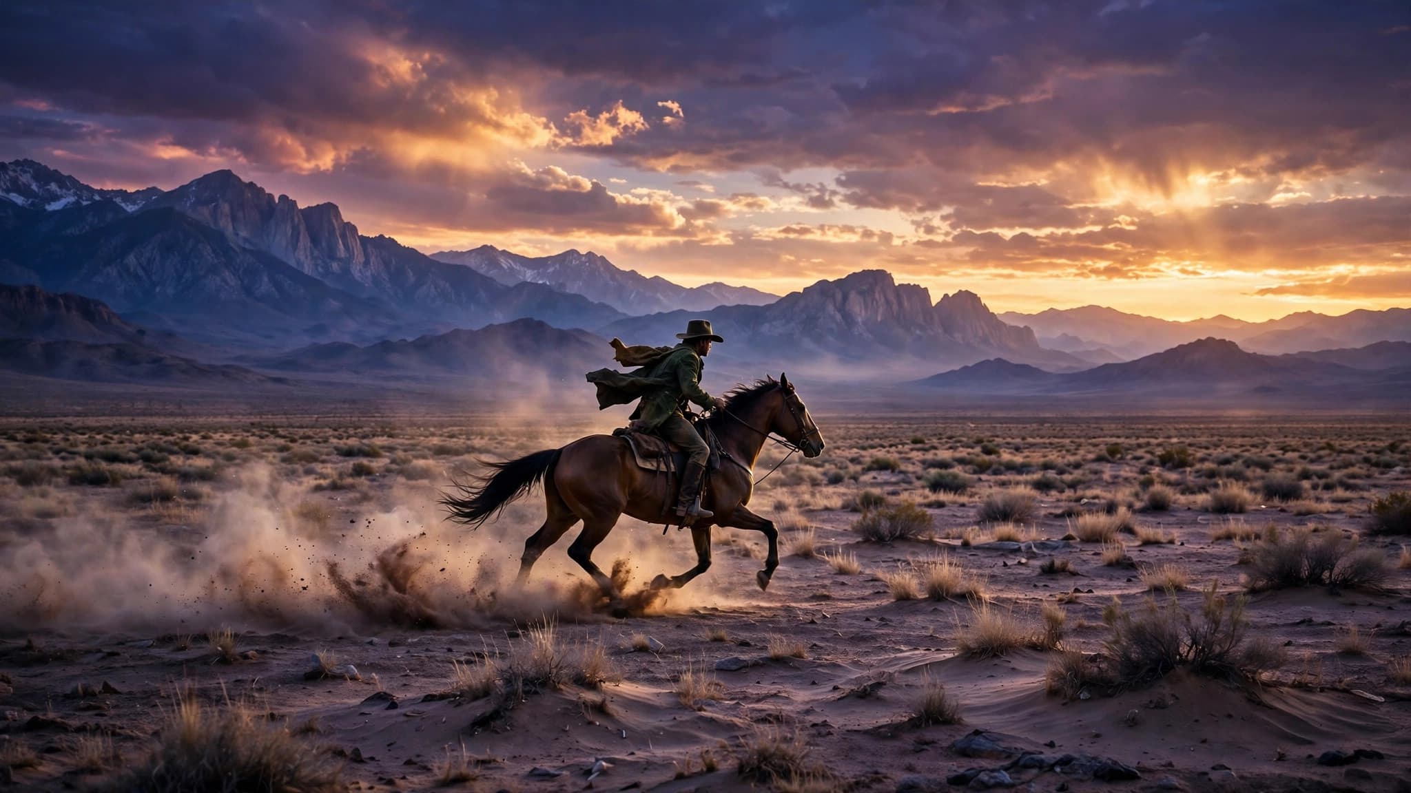Lone rider galloping across desert plain at dusk with mountains