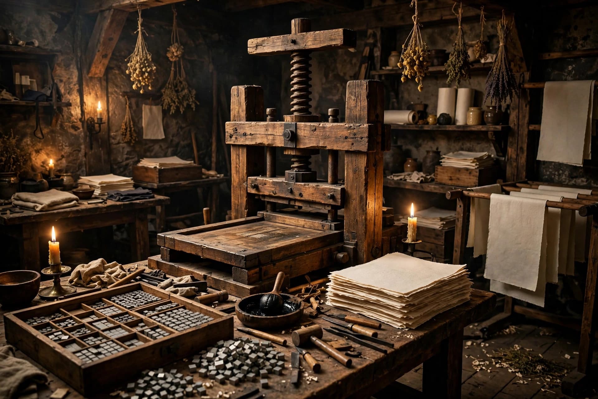 Fifteenth century printing workshop with wooden press by candlelight