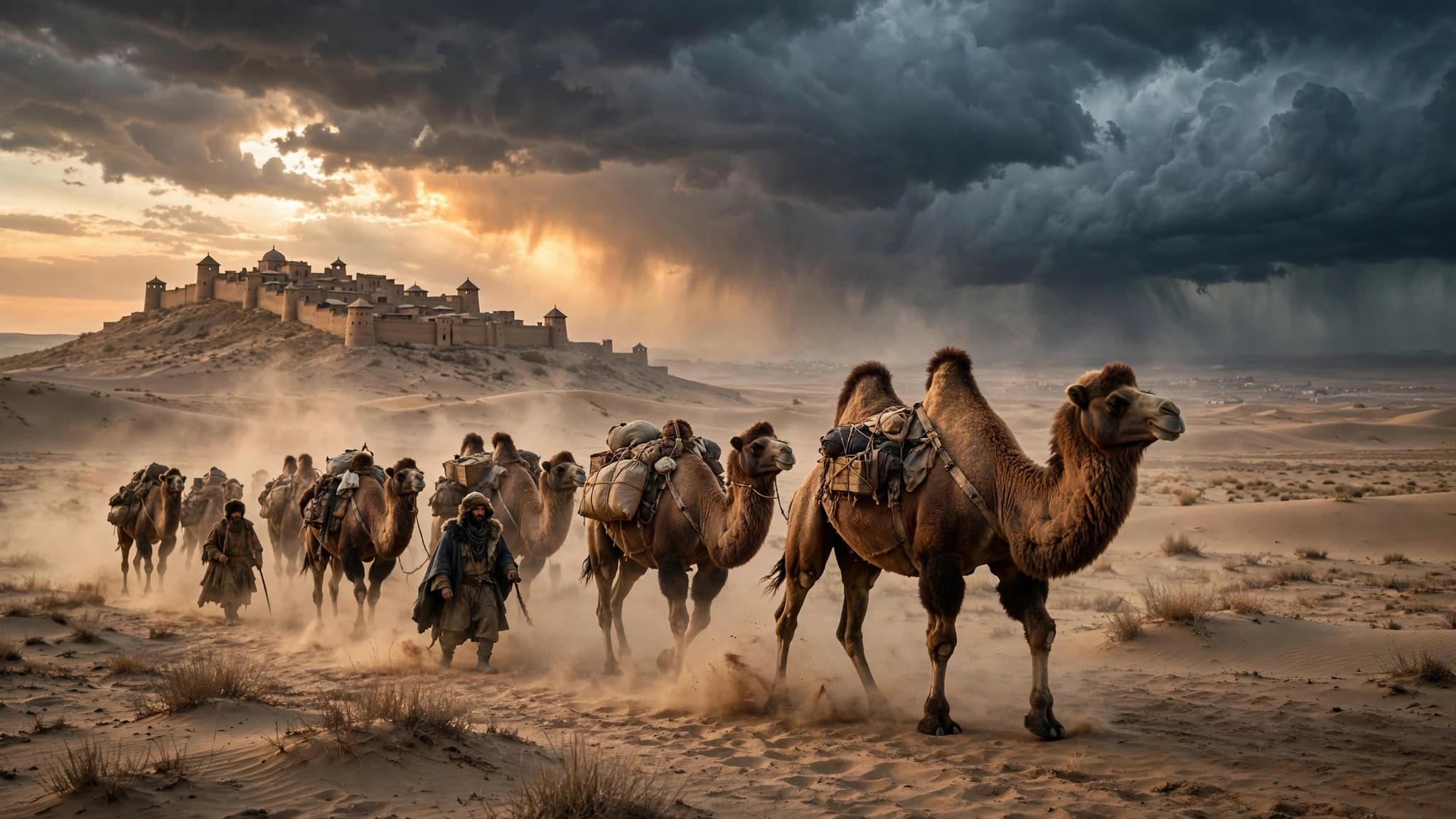 Camel caravan crossing a desert at dusk beneath dark storm clouds