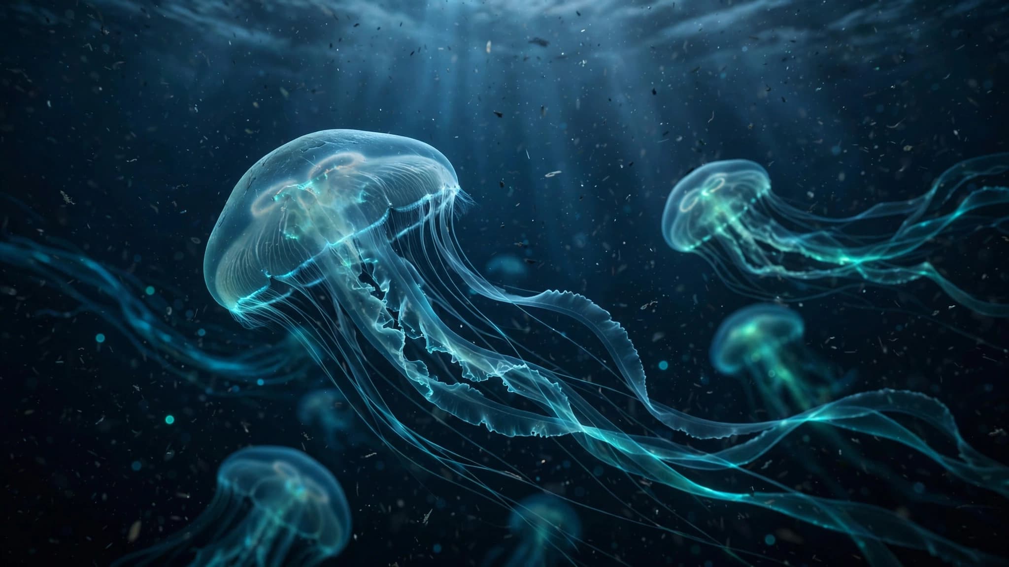 Glowing jellyfish drifting through dark deep ocean waters