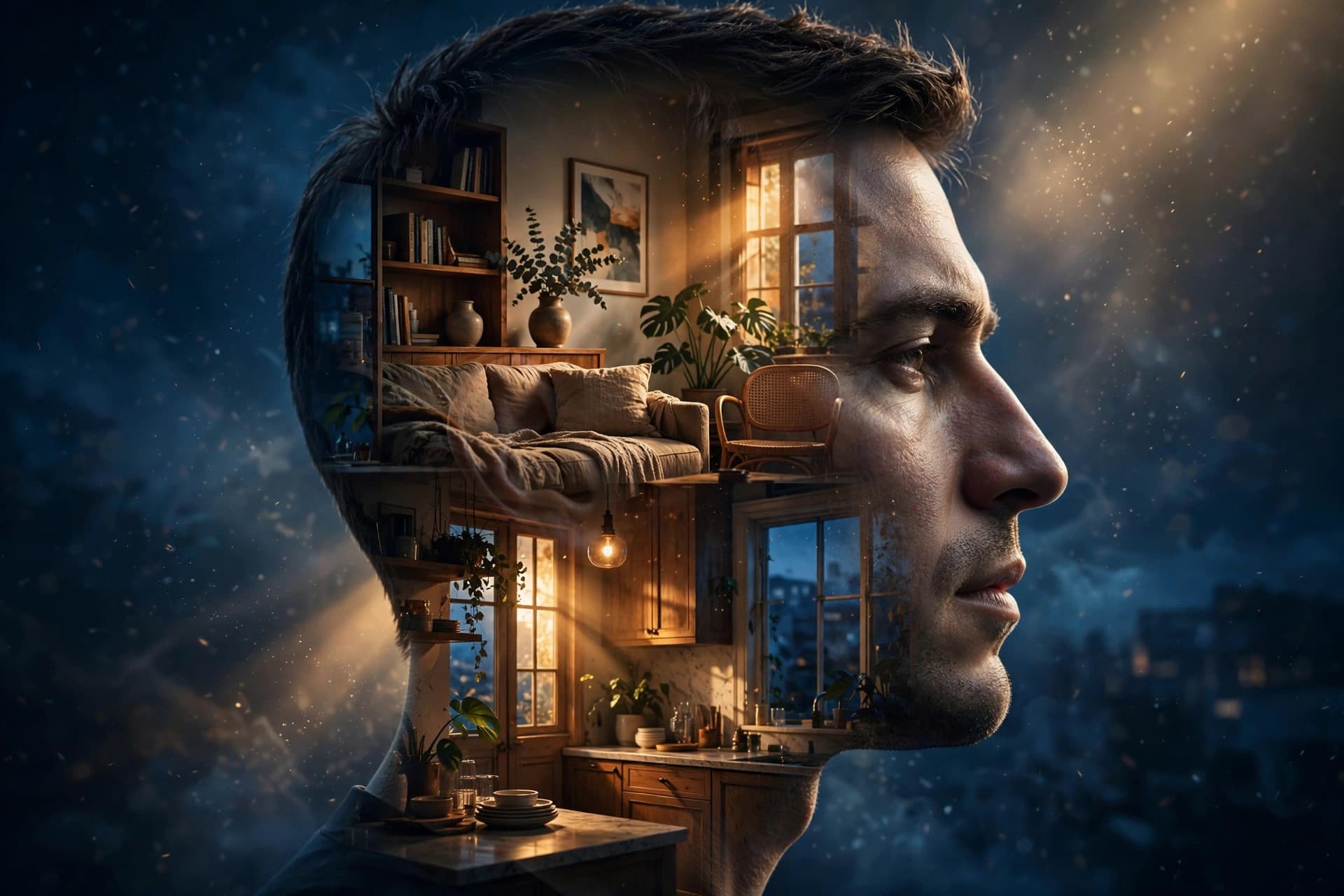 A surreal double-exposure of a human head with overlapping familiar rooms