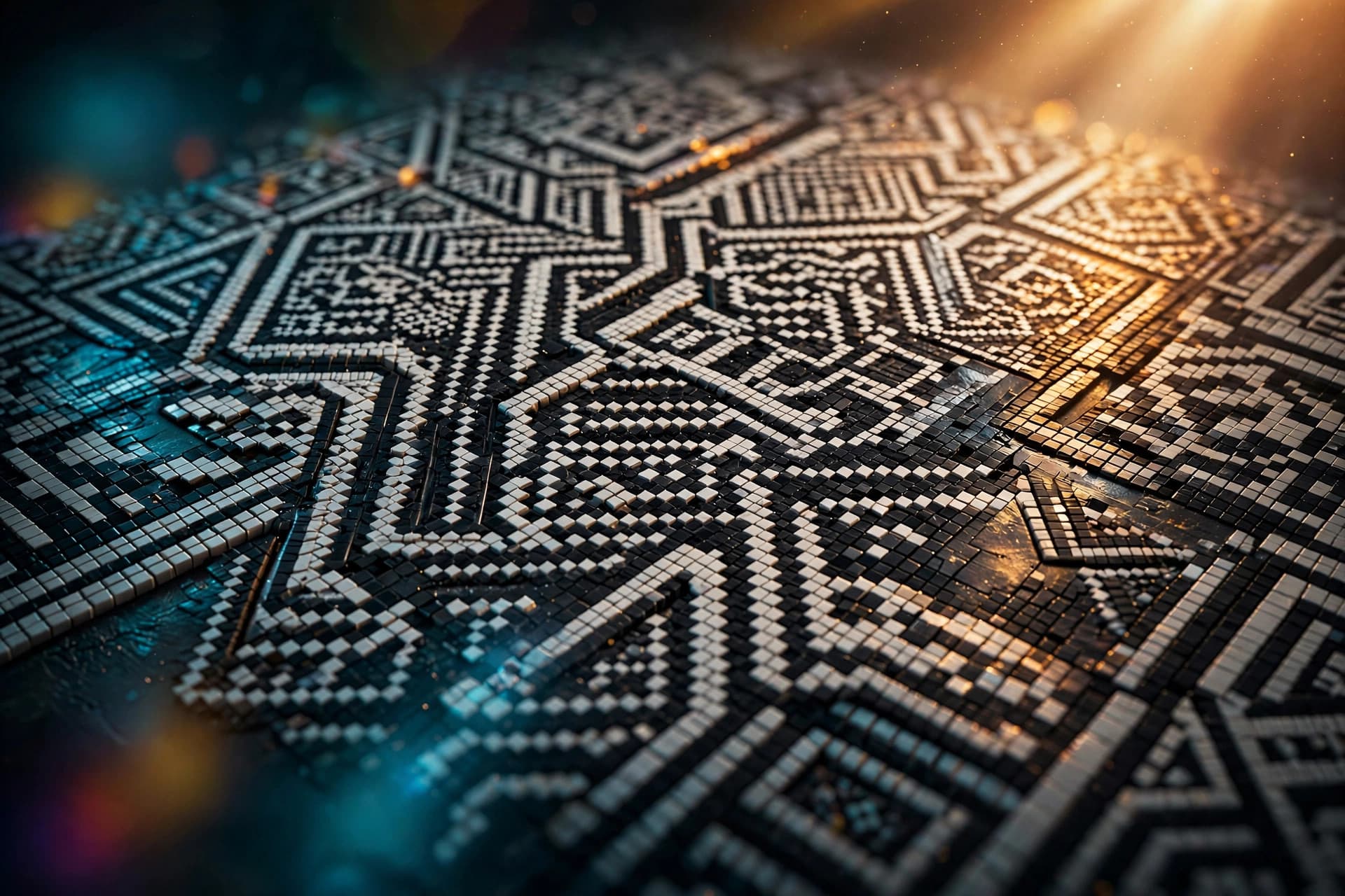 Macro abstract pixel mosaic of giant QR-like geometric pattern