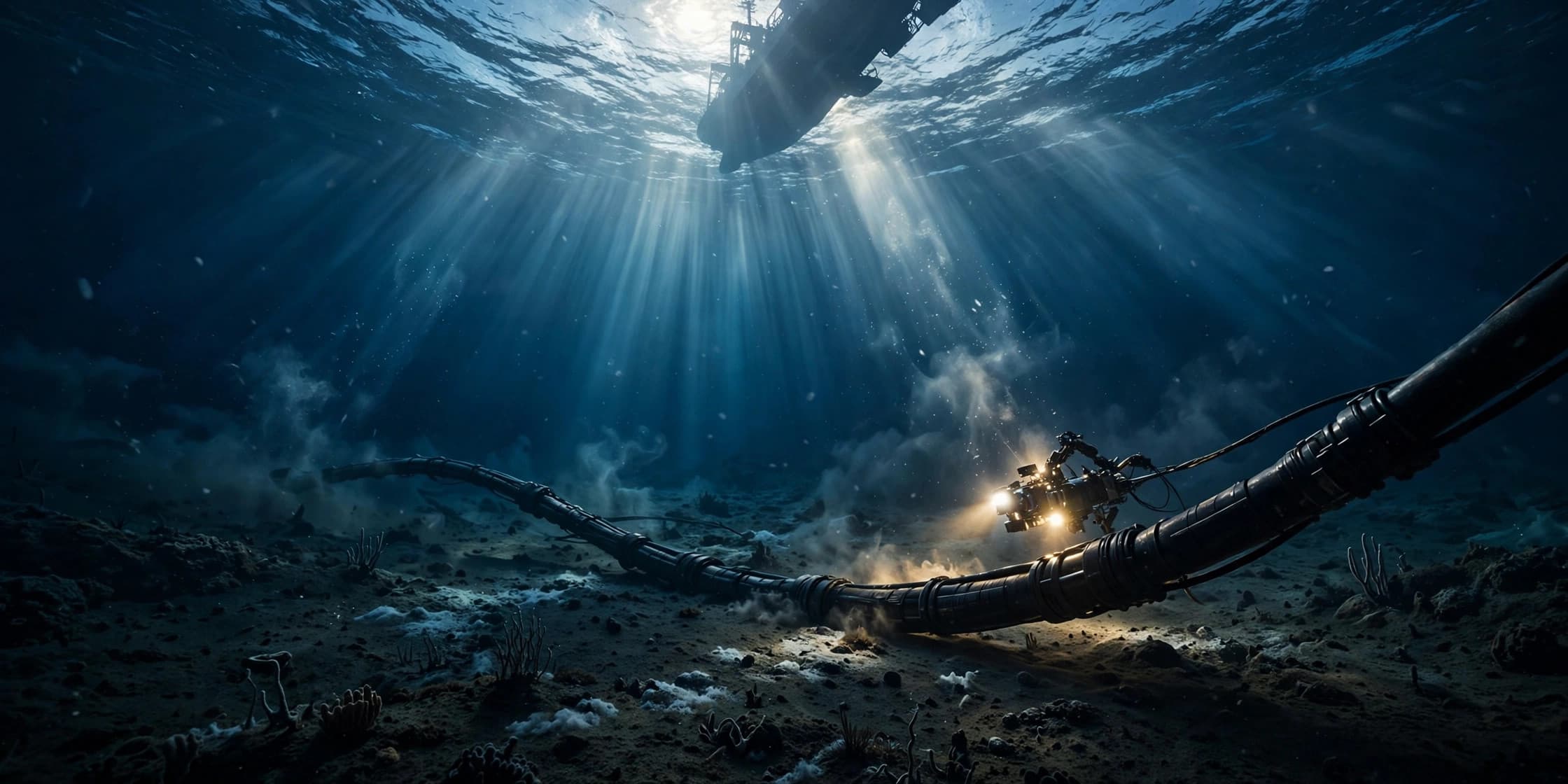 Massive fiber cable laid on dark ocean floor beneath ship